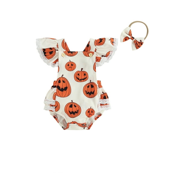 Wassery Baby Girls One-Piece Bodysuit 3M 6M 12M 18M Infant Girls Halloween Outfits Pumpkin Print Ruffle Romper Headband Newborn Fall Clothes
