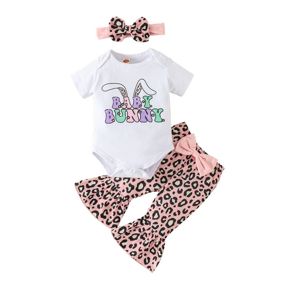 Wassery Baby Girls Romper Clothes Rabbit Letter Print Short Sleeve Crew Neck Jumpsuits Leopard Print Flared Pants Headband 3Pcs Newborn Girls Summer Casual Set 0-18M