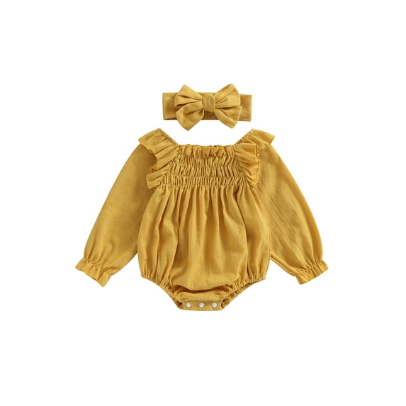 Wassery Baby Girls Rompers Infant Long Sleeve Ruched Jumpsuits Newborn Fall Casual Clothes Bodysuits with Headband 0-18M