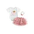 thumbnail image 1 of Wassery Baby Girls Skirt Set Short Sleeve Letter Crown Print Romper +Pink Tulle Dress Summer Casual Clothes for Infant 2Pcs 6-18M, 1 of 8