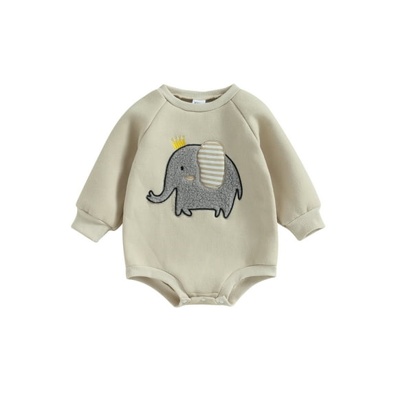 Wassery Baby Girls Spring Autumn Sweatshirts Romper Long Sleeve Crewneck Elephant Patch Plush Thicken Jumpsuits Infant Girls Warm Bodysuits 0-18M