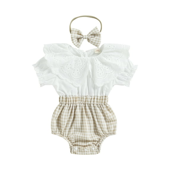 Wassery Baby Girls Summer Bodysuits 2Pcs Set, Short Sleeve Crew Neck Ruffled Plaid Patchwork Romper Princess Infant Flower Jumpsuits with Bowknot Headband 0-24M
