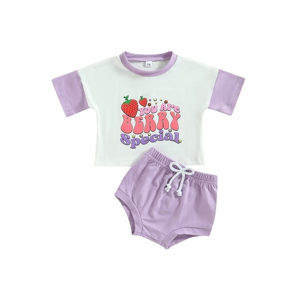 Wassery Baby Girls Summer Clothes 6 12 18 24 Infant Girls Fruit Letter Print Short Sleeve T-shirt and Elastic Casual Shorts Set 2Pcs Casual Street Party Outfit