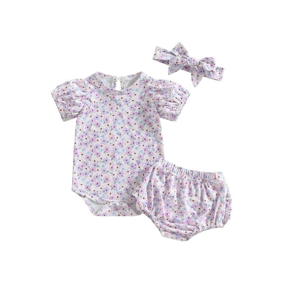 Wassery Baby Girls Summer Jumpsuit Outfit Floral Print Short Sleeve Romper and Elastic Shorts Headband Set 0-18M