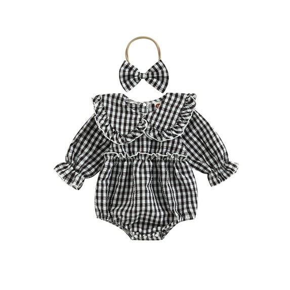 Wassery Baby Girls Summer Jumpsuits 2Pcs Set Doll Collar Long Sleeve Ruffle Plaid Panel Romper Princess Infants Bodysuit Bow Headband for Newborn 0-18 Months