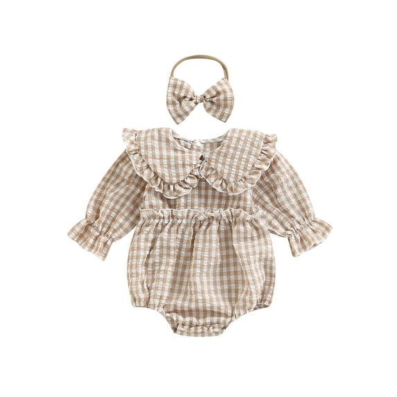 Wassery Baby Girls Summer Jumpsuits 2Pcs Set Doll Collar Long Sleeve Ruffle Plaid Panel Romper Princess Infants Bodysuit Bow Headband for Newborn 0-18 Months