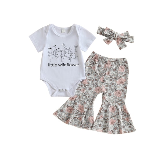 Wassery Baby Girls Summer Outfit 0 6 12 18 24 Months Infant Letter Short Sleeves Romper and Floral Flare Pants Headband 0-24M