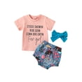 thumbnail image 1 of Wassery Baby Girls Summer Romper 3Pcs Set Letters Print Short Sleeve Crew Neck T-shirt+Floral Bull Head Print Shorts+Headband Infant Outfits 0-12M, 1 of 9