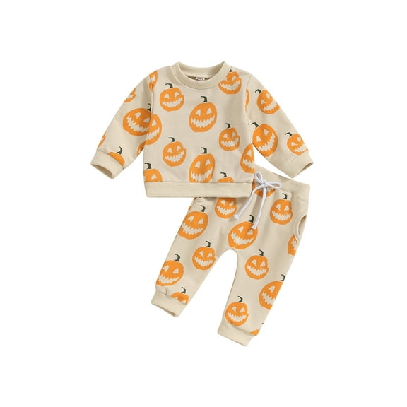 Wassery Baby Halloween Clothes for Girls Boys Toddler Autumn Outfits Pumpkin Print Long Sleeve Crew Neck Sweatshirt with Elastic Waist Sweatpants 0-3 Years