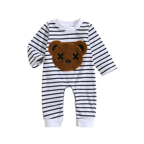 Wassery Baby Jumpsuit Long Sleeve Crew Neck Cartoon Bear Striped Bodysuits Fall Romper Clothes for Boys Girls 0-24 Months