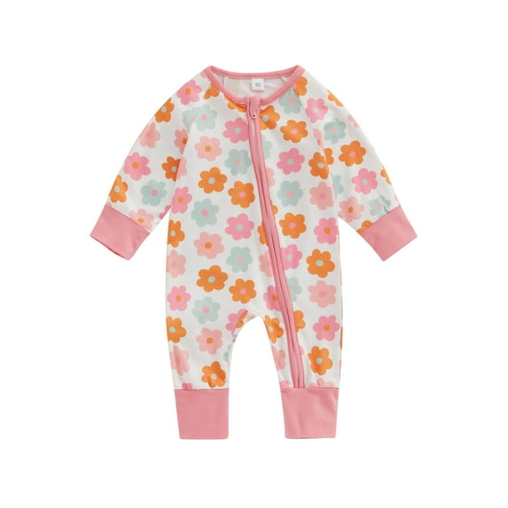 Wassery Baby Jumpsuit for Boys Girls Long Sleeve Crew Neck Strawberry/Flower Print Zipper Romper Bodysuits 3 6 12 18 Months Infant Fall Clothes