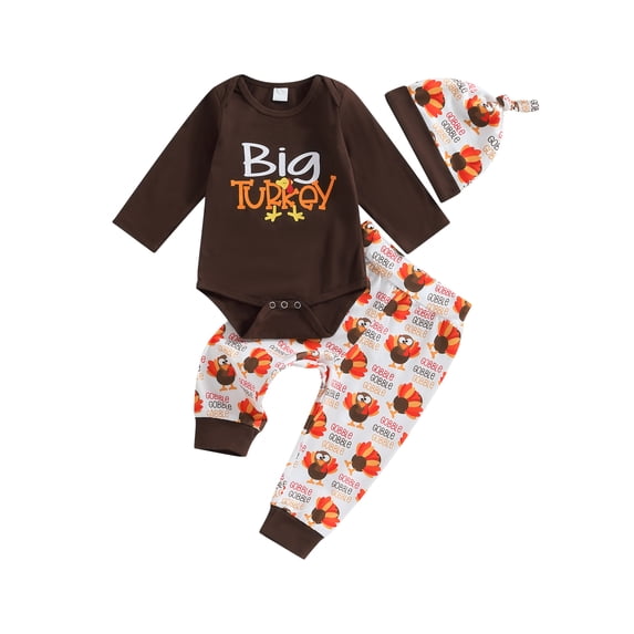 Wassery Baby Thanksgiving Clothes for Boys Girls Infant 3PCS Casual Fall Outfit 6M 12M 18M 24M Newborn Long Sleeve Romper Top +Turkey Sweatpants +Hat