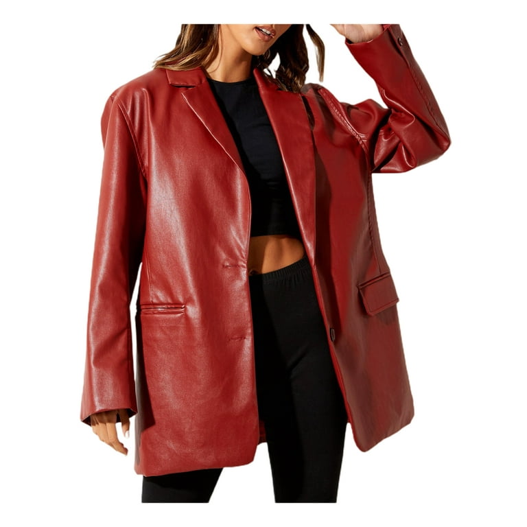 Wassery Female Jackets Solid Color Tailored Collar Long Sleeve Oversized  Vintage Coat Single-Breasted PU Leather Streetwear S/M/L