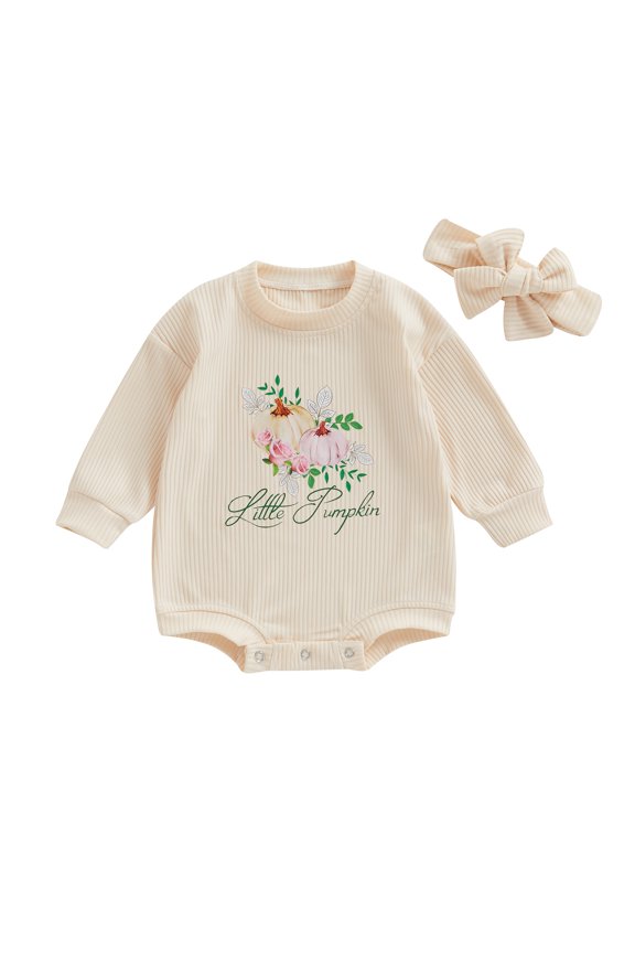 Halloween Infant Baby Girl Boy Fall Romper Long Sleeve Round Neck Pumpkin Letter Print One-Piece Bodysuit + Bow Headband 3M 6M 12M 18M Newborn Halloween Clothes