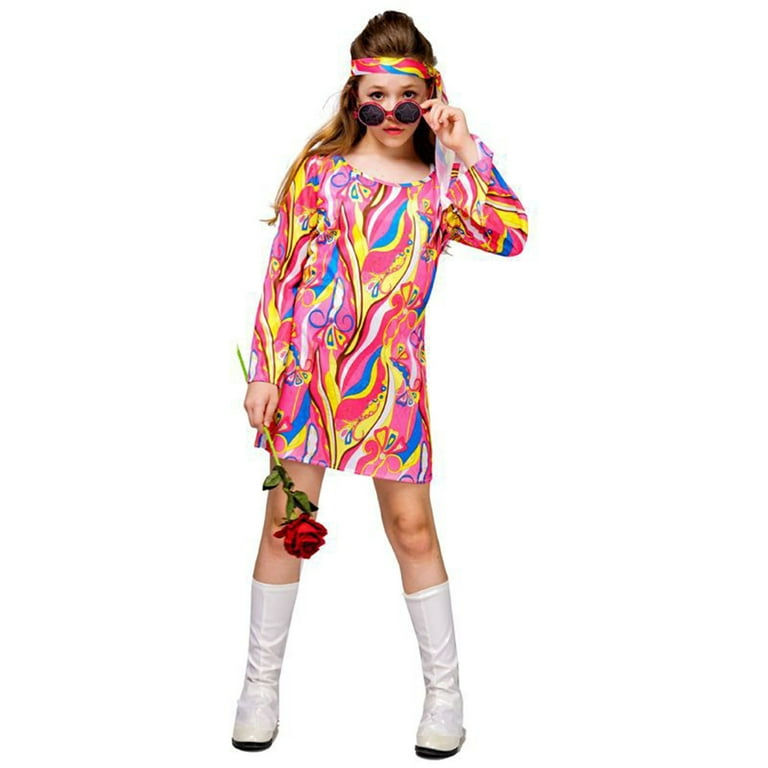 Wassery Halloween Outfit for Girls Kids Hippie Costume Bell Sleeve Print  Disco Dress with Headband Halloween Cosplay Dancing Dress 