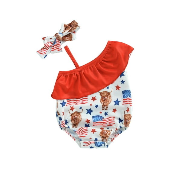 Wassery Independence Day Infant Baby Girl Swimsuit 6M 12M 18M 24M 2T 3T 4T Toddle Girls 4th of July Jumpsuit Swimwear Cow Print One Shoulder Ruffle Bathing Suits and Headband Beachwear