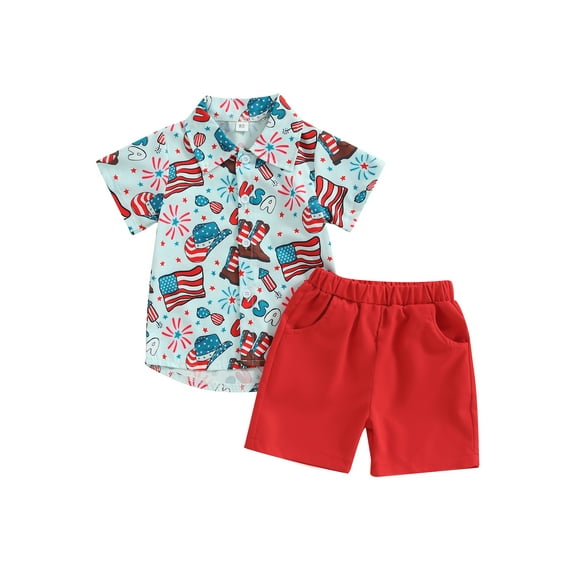 Wassery Independence Day Kids Boys Outfits 18M 24M 2T 3T 4T 5T 6T Toddler Boys 4th of July Clothing Flag/Stars/Rainbow/Ice Cream Print Short Sleeve Shirts Shorts 2Pcs Clothes Set