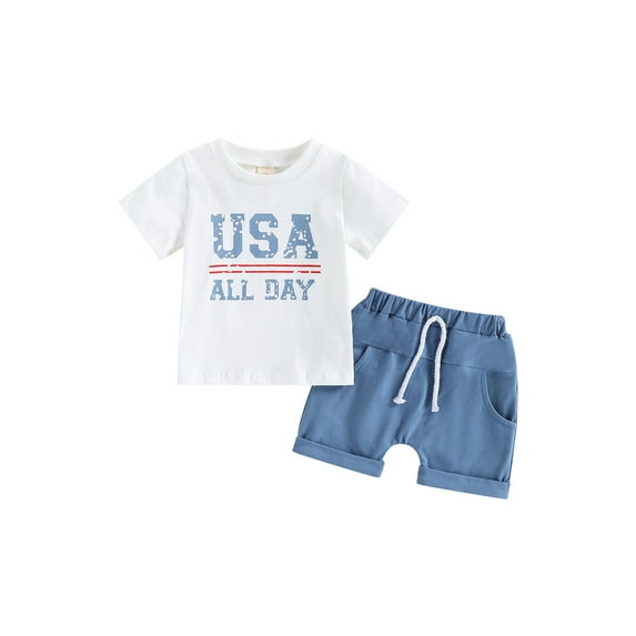 Wassery Independence Day Toddler Baby Boys Clothes Letter Print Crew Neck Short Sleeve T-Shirts Tops and Shorts 2Pcs Set 4th of July Outfits 0-4T