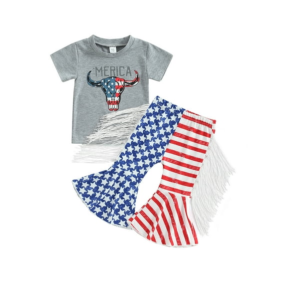 Wassery Independence Day Toddler Girls Clothes Suits 6M 12M 18M 24M 3T 4T Girls 4th of July Letter Cow Head Print T-Shirts and Stars Stripe Print Flare Pants 2Pcs Suit