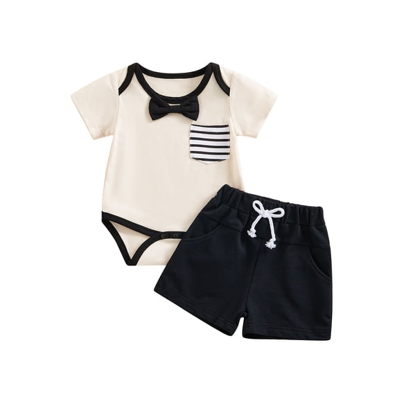 Wassery Infant Baby Boys 2Pcs Gentleman Outfits Short Sleeve Crew Neck Contrast Color Romper + Pocket Shorts Summer Casual Clothes 0-24M