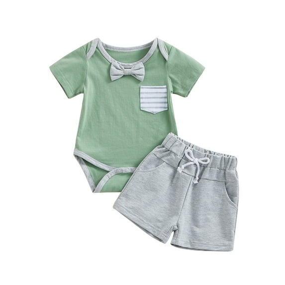 Wassery Infant Baby Boys 2Pcs Gentleman Outfits Short Sleeve Crew Neck Contrast Color Romper + Pocket Shorts Summer Casual Clothes 0-24M