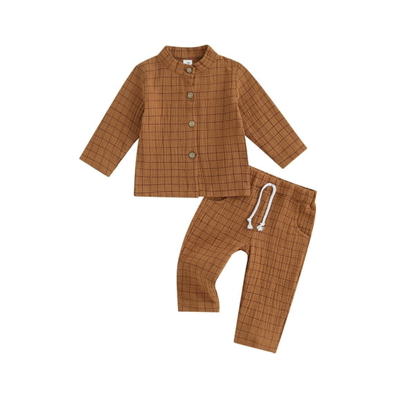 Wassery Infant Baby Boys Cotton Linen Clothes Long Sleeve Button Down Plaid Shirt Tops Elastic Waist Pants 2Pcs Casual Spring Fall Outfit 0-3 Years