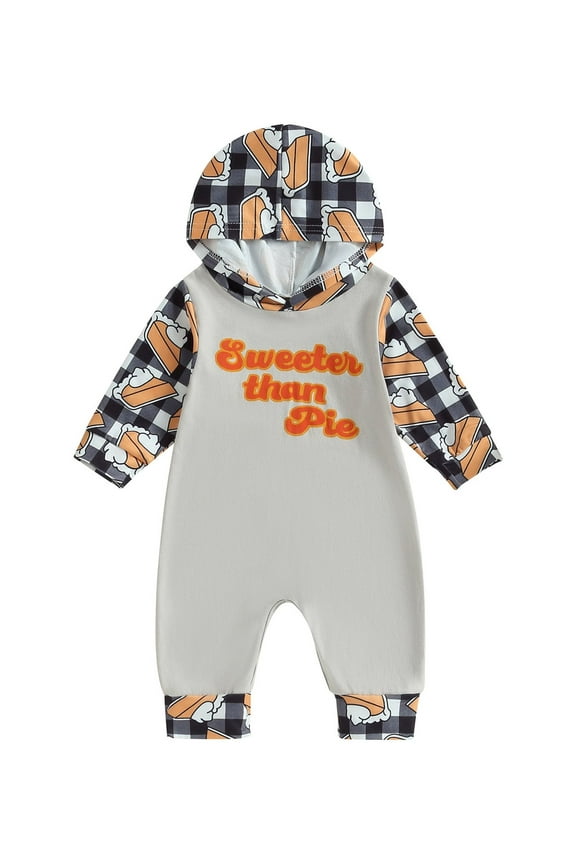 Infant Baby Boys and Girls Thanksgiving Jumpsuit Long Sleeve Round Neck Letter Print Hood Sweatshirt Bodysuit 6 12 18 24 Months Newborn Fall Winter Clothes