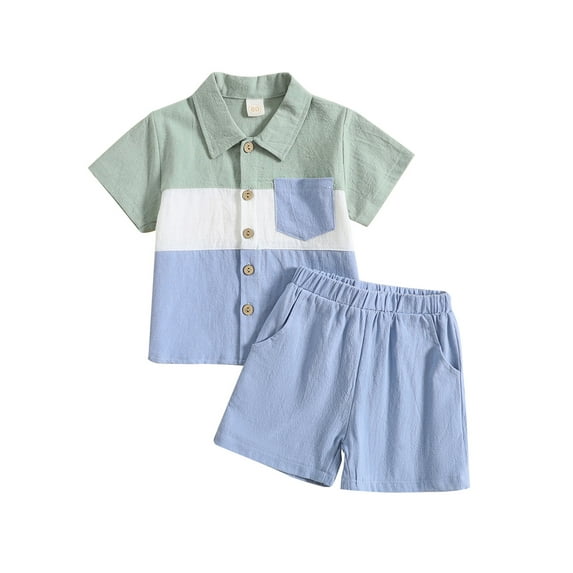 Wassery Infant Baby Boys Shirts Set 6M 12M 18M 24M 2T 3T 4T Toddle Boys Summer Clothes Contrast Color Button up Short Sleeve Shirt and Elastic Shorts Gentleman Outfits