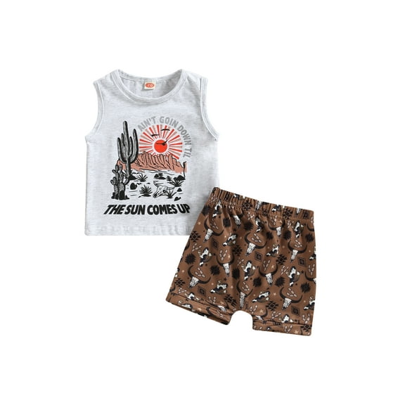 Wassery Infant Baby Boys Summer Clothes Outfits Letter Print Crew Neck Sleeveless Tank Tops and Cactus/Cow Head Print Shorts 2Pcs Set 0-24M