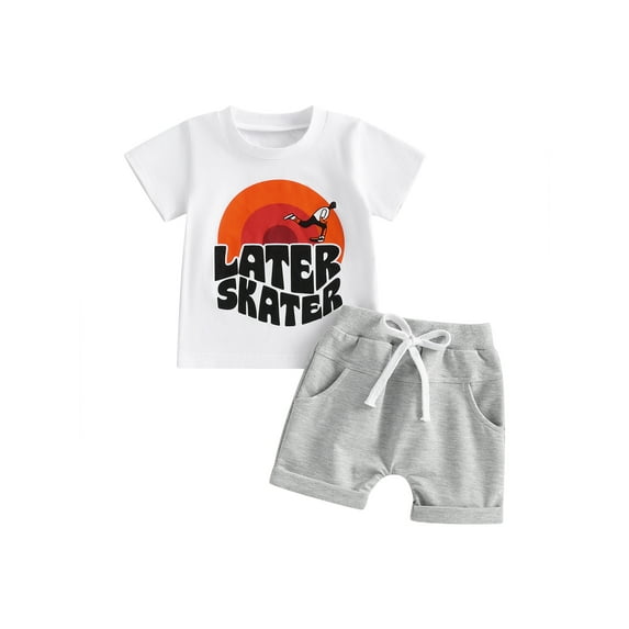 Wassery Infant Baby Boys Summer Outfit Sets 6M 12M 18M 24M 3T Toddler Boys Clothes White Short Sleeve Letter Print Tops + Gray Drawstring Shorts 0-3T