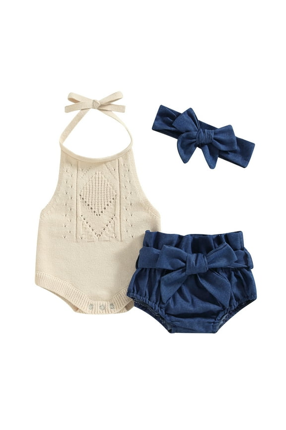 Infant Baby Girl Clothes Set Solid Color Tie-Up Halter Neck Knit Sweater Romper Denim Shorts with Belt Headband 3Pcs 3M 6M 12M 18M Toddler Girls Summer Outfit