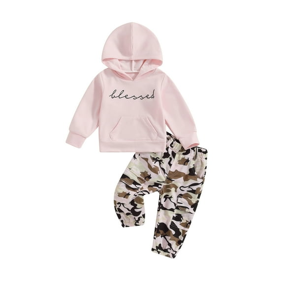 Wassery Infant Baby Girl Fall Outfits Long Sleeve Letter Print Hoodie Tops Camouflage Pants Set 12M 18M 24M 3T 4T 5T Toddler Pullover Clothes Set