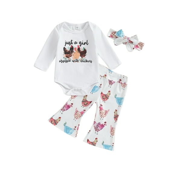 Wassery Infant Baby Girl Thanksgiving Outfit Set Letter Print Long Sleeve Romper Chicken Print Flare Pants Headband 3PCS Newborn Girl Fall Clothes 0-18M