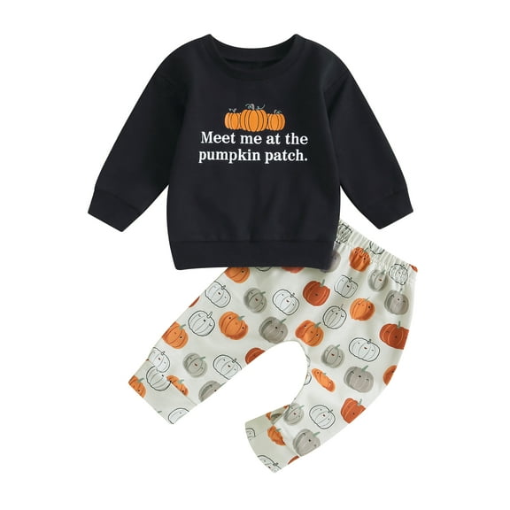 Wassery Infant Baby Girls 2Pcs Halloween Outfits Set Long Sleeve Letter Print Sweatshirt + Pumpkin Long Pants Set Toddler Fall Winter Clothes 0-3Y
