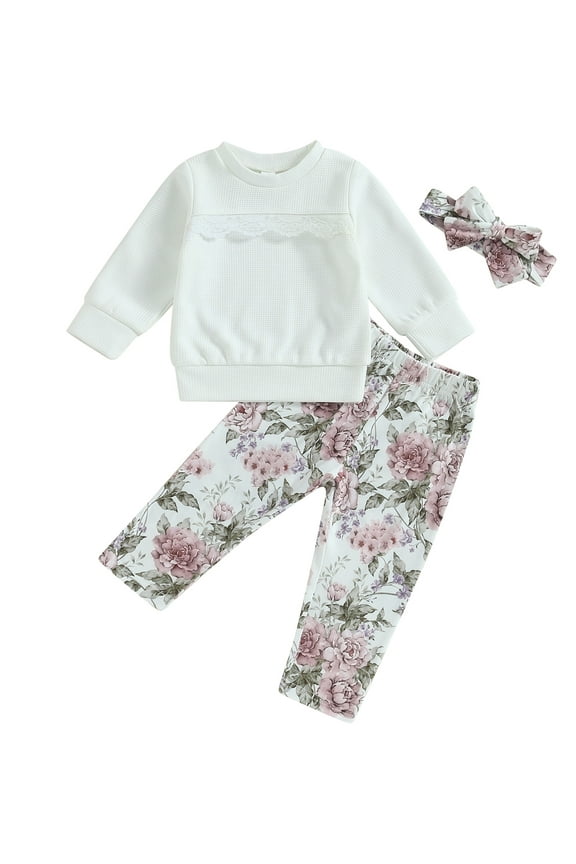 Infant Baby Girls 3 Piece Outfits Set Long Sleeve Waffle Sweatshirts Tops + Elastic Floral Pants Headband 6M 12M 18M 2T 3T Toddler Girl Fall Casual Clothes