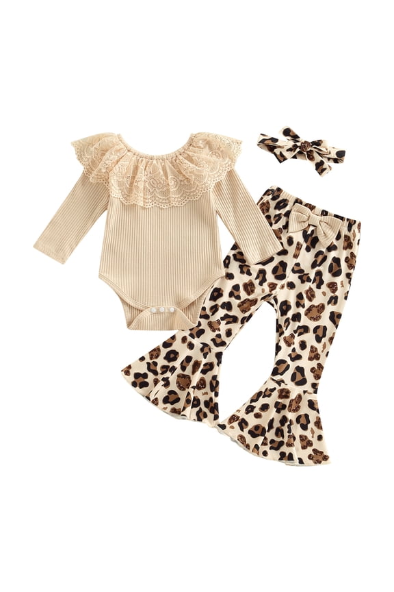 Infant Baby Girls 3 Pieces Fall Outfit Lace Ruffles Knitted Ribbed Romper + Leopard/Floral Print Flare Pants + Headband Set 6 12 18 24 Months Infant Autumn Going Out Sweatshirts