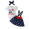 thumbnail image 1 of Wassery Infant Baby Girls 4th of July Outfits Letter Print Short Sleeve Crew Neck Rompers Jumpsuit  and Bow Suspender Sleeveless Strap Dress Headband Independence Day 3Pcs Set 0-18M, 1 of 9