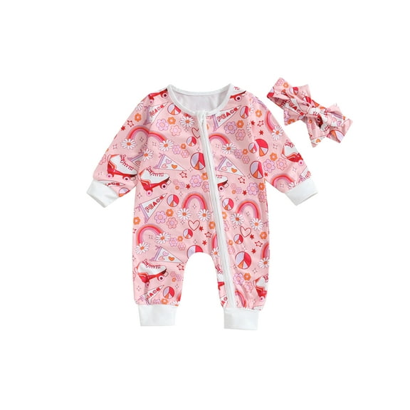 Wassery Infant Baby Girls Bodysuits Newborn Autumn Clothes Long Sleeve Rainbow Pie Print Zipper Romper Jumpsuit + Bow Headband 3-18 Months