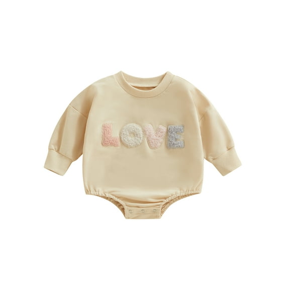 Wassery Infant Baby Girls Boys Spring Rompers Contrast Color Fuzzy Letter Jumpsuit Embroidery Long Sleeve Round Neck Bodysuit Newborn Casual Clothes 0-12M