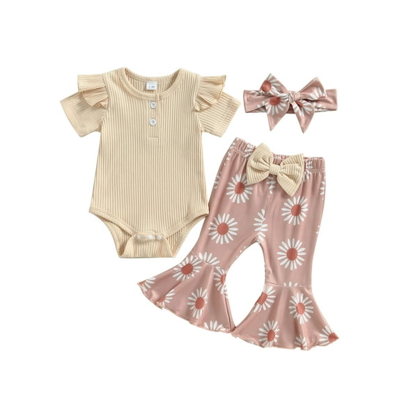 Wassery Infant Baby Girls Clothes Solid Color Knit Rib Short Sleeve Romper Crew Neck Jumpsuits Daisy/Flower Print Flare Pants Headband 3Pcs Summer Set 0-18M