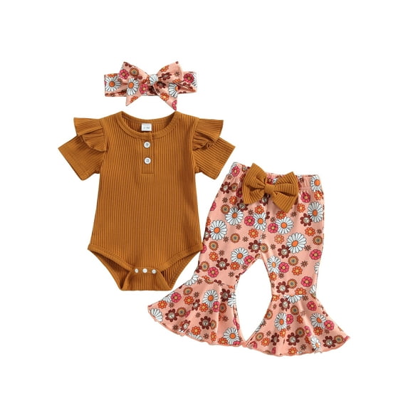 Wassery Infant Baby Girls Clothes Solid Color Knit Rib Short Sleeve Romper Crew Neck Jumpsuits Flower Print Flare Pants Headband 3Pcs Summer Set 0-18M