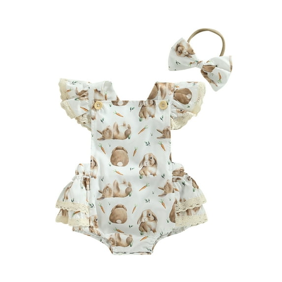 Wassery Infant Baby Girls Easter Jumpsuit Outfits Cartoon Rabbit Print Lace Flying Sleeves Bodysuit Square Neck Ruffle Romper + Bow Headband My First Easter Summer Clothes 0-24M