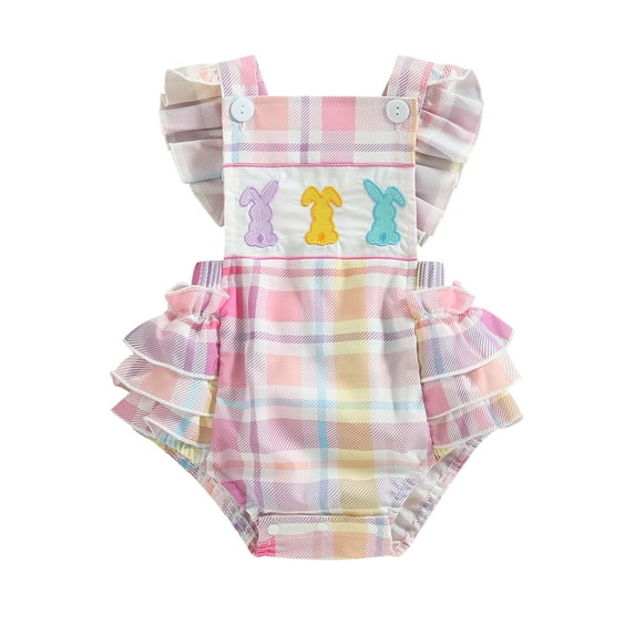 Wassery Infant Baby Girls Easter Outfit Onesie Sleeveless Square Neck Romper Rabbit Embroidery Bodysuit Tops My First Easter Summer Clothes 0-24M