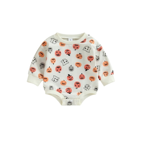 Wassery Infant Baby Girls Halloween Clothes 3 6 12 18 Months Newborn Girl Romper Jumpsuit Long Sleeve Round Neck Ghost Pumpkin Print Pullovers Bodysuits Fall Casual Outfit 0-18M