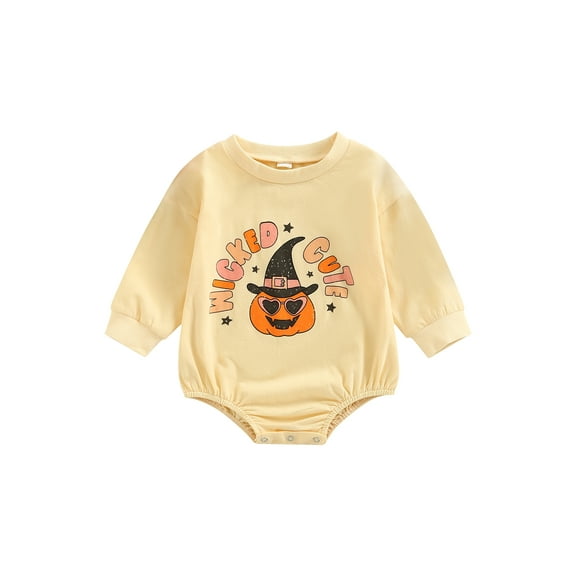 Wassery Infant Baby Girls Halloween Clothes 6M 12M 18M 24M Toddler Girl Jumpsuit Long Sleeve Round Neck Pumpkin Print Pullovers Fall Casual Outfit for Newborn 0-24M
