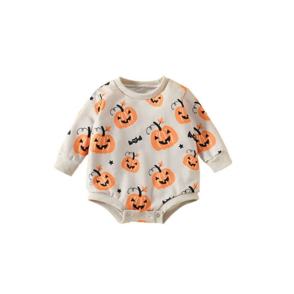 Wassery Infant Baby Girls Halloween Clothes 6M 12M 18M 24M Toddler Girl Jumpsuit Long Sleeve Round Neck Pumpkin Print Romper Fall Casual Outfit for Newborn 0-24M