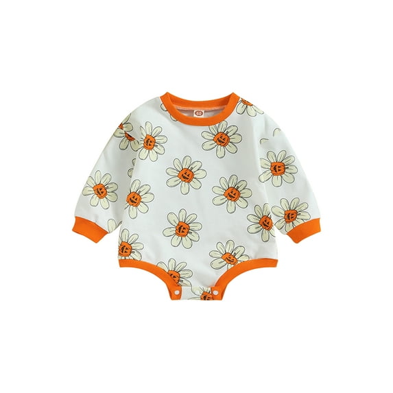 Wassery Infant Baby Girls Jumpsuit 3 6 12 18 Months Newborn Girl Fall Halloween Costume Long Sleeve Round Neck Pumpkin Flower Print Sweatshirts Romers 0-18M