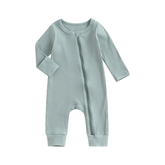 Wassery Infant Baby Girls Long Sleeve Crew Neck Romper Solid Color Zipper Ribbed Jumpsuits Casual Spring Autumn Clothes 0-18M