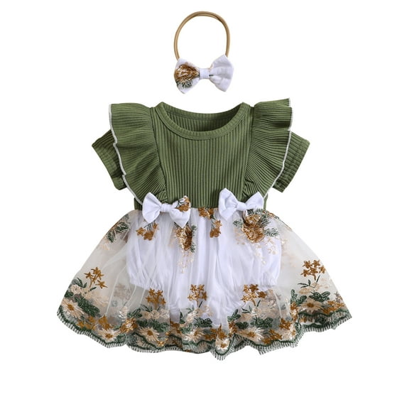 Wassery Infant Baby Girls Romper Dress 3 6 18 24 Months Newborn Girl Flower Embroidery Knit Rib Ruffles Crew Neck Jumpsuits Summer Bodysuits with Bow Headband