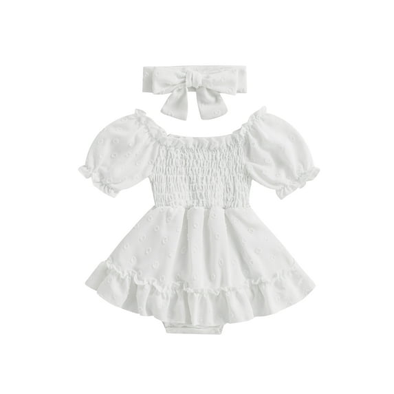 Wassery Infant Baby Girls Romper Dress Dot Pattern Ruched Short Sleeve Ruched Jumpsuits Skirt with Headband Summer Birthday Party Princess Dress 3-24M